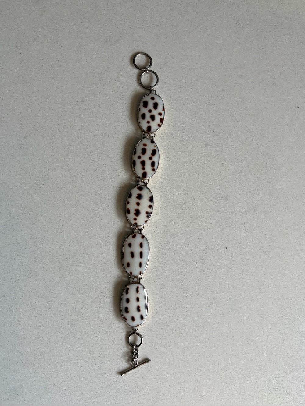White and Brown Spotted (peanut wood) Oval Shell Link Bracelet - Women Jewelry